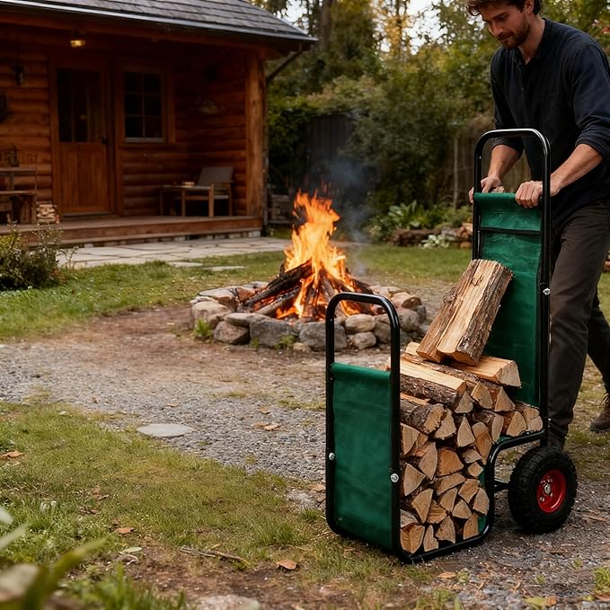 Firewood Cart with Pneumatic Wheel: 44 X 27 X 20 in Heavy Duty 220 lbs Load Capacity Waterproof Easy Assembly Rack for Indoor Garden Backyard Fireplace Men Women Use with Rubber Wheels