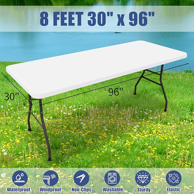 Spandex 8 Foot Rectangle Table Cloth 6 Pack, Elastic Fitted Tablecloths for Picnic, Stretch Washable Patio Table Cover for Outdoor, Camping, Banquet and Parties (White, 30"x96")