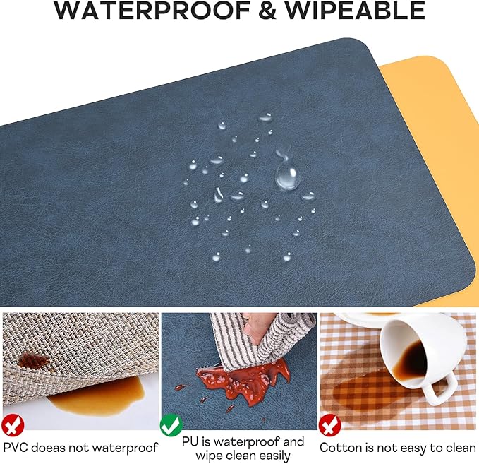 Faux Leather Placemats Set of 6 Table Mats Heat Resistant Reversible Place Mats, Waterproof Wipeable Dining Table Placemats for Home Party Outdoor, 15.8 x 11.8 inches (Blue/Yellow)