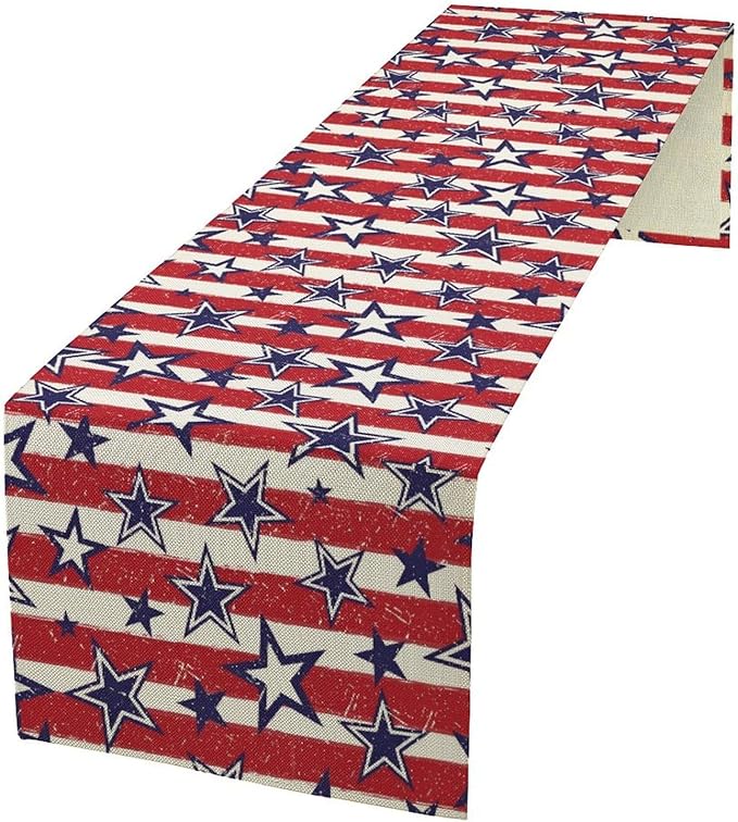 4th of July Table Runner, Vintage American Independence Day Stripes and Stars Patriotic Table Center Decor for Home Kitchen Dining Party Outdoor Holiday 13x60in
