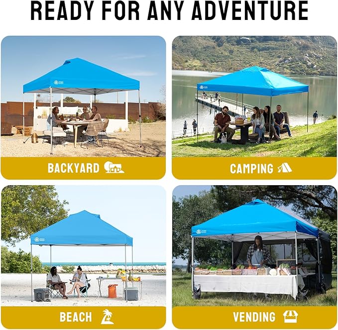 CROWN SHADES 8x8 Pop Up Canopy, Patented Center Lock One Push Instant Popup Outdoor Canopy Tent, Newly Designed Storage Bag, 8 Stakes, 4 Ropes, Silver-Coated Sky Blue