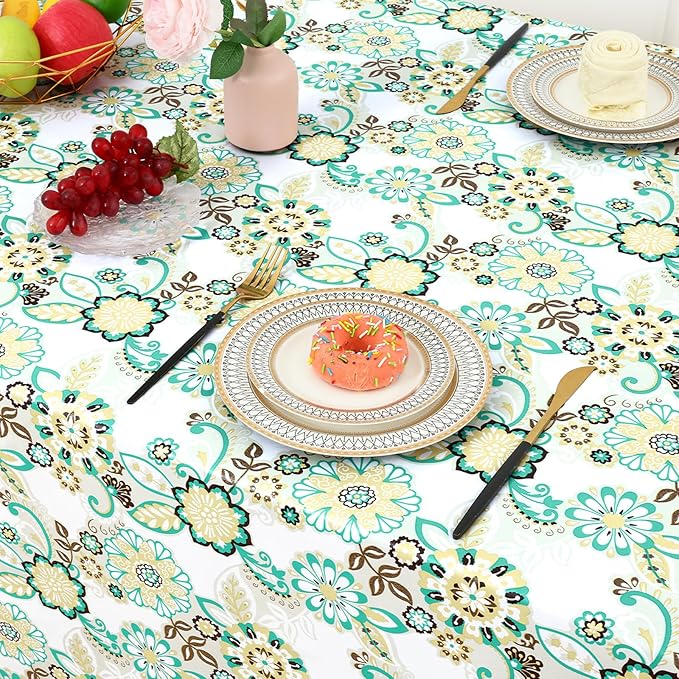 misaya Rectangle Waterproof Vinyl Table Cloth, Wipeable Tablecloth with Flannel Backing, Plastic Table Cover for Dinner, Picnic, Indoor and Outdoor (Paisley Flower, 60" x 120")
