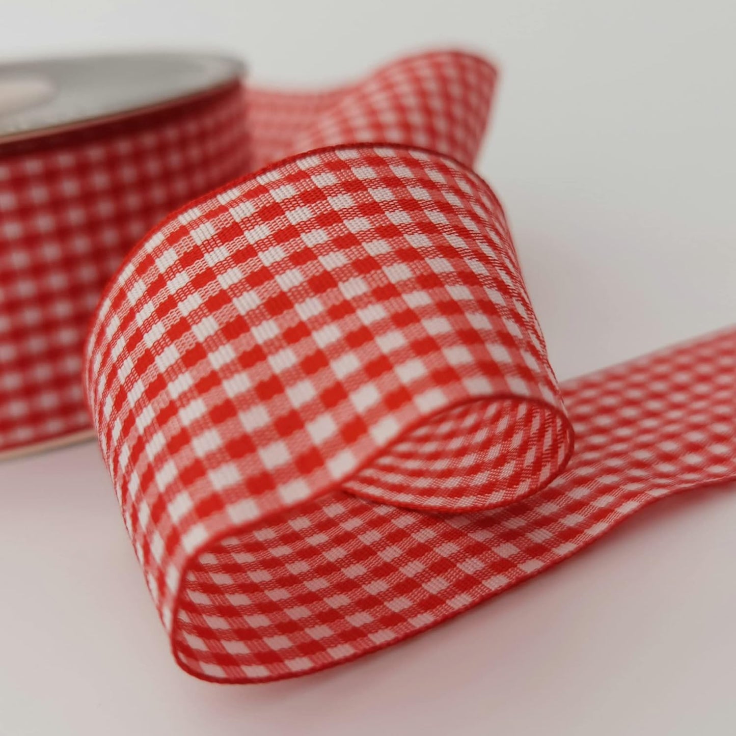 1.5 Inch Red and White Woven Edge 100% Polyester Gingham Ribbon 25 Yards Each Roll (1-1/2", Red)