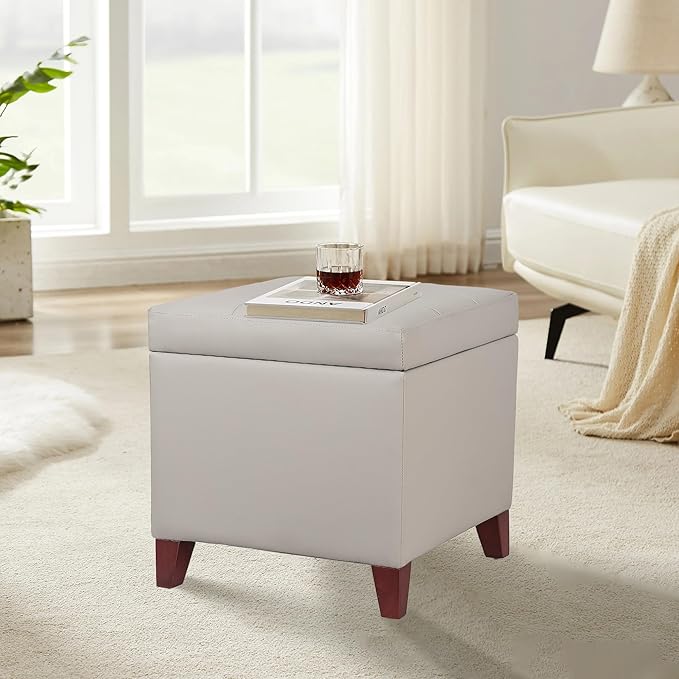 Homebeez Tufted Faux Leather Storage Ottoman Square Cube Foot Rest Stool with Flip Top, Elephant Grey
