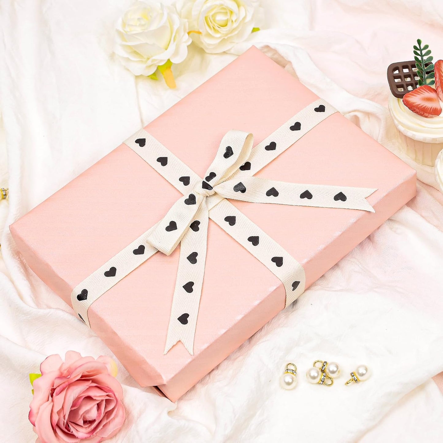 Black Hearts Ribbon - 5/8 Inch x 12 Yards Natural Twill Tape Ribbon, Cotton Herringbone Ribbons for Gift Wrapping, Birthdays, Weddings, Christmas, Anniversaries, Valentine's Day, Mother's Day