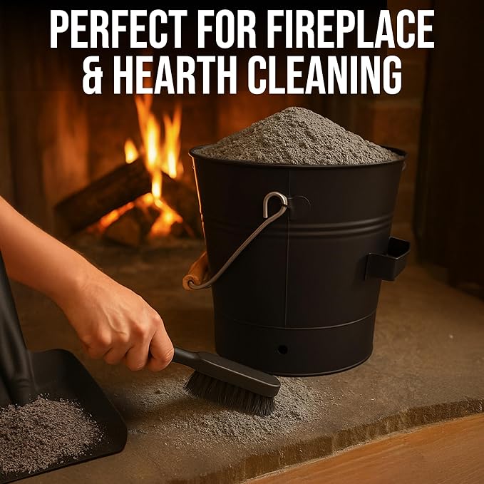 Smedley & York Black Ash Bucket with Lid, Complete Fireplace Tools Set, Includes Pail, Shovel & Broom, 2.15 Gallon Metal Coal Bucket with Accessories, Galvanized Iron Ash-Bucket for Fire Place