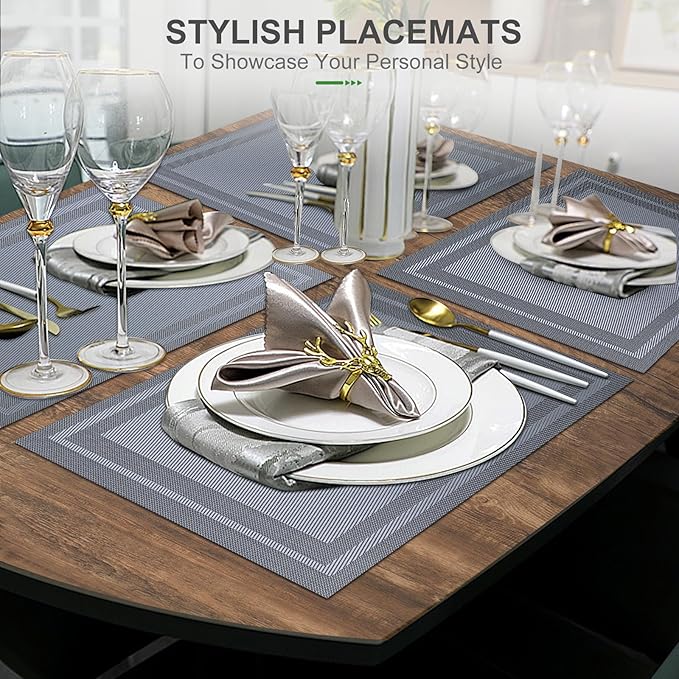 BETEAM Placemats Set of 6, Woven Vinyl Placemat for Dining Table Washable Wipeable Kitchen Place Mats Durable Indoor Outdoor Table Mats