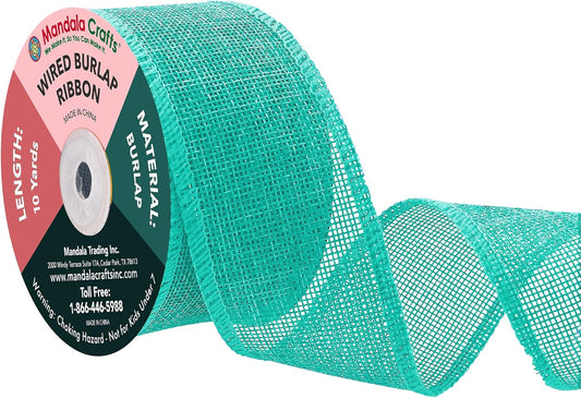 Mandala Crafts Turquoise Burlap Wired Ribbon 2 Inches Wide Jute Ribbons for Crafts - 10 Yds Roll Rustic Burlap Wrap Trim Ribbons for Wreaths Bows Party Decoration