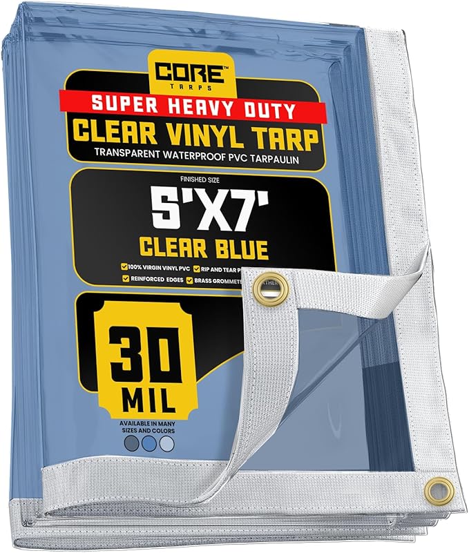 Core Tarps 30 Mil Extreme Heavy Duty Clear Tarp with Grommets - 5x7ft Super Clear Tarps Heavy Duty Waterproof Vinyl Tarpaulin, Transparent Tarp for Outdoor, Camping & Construction, Blue