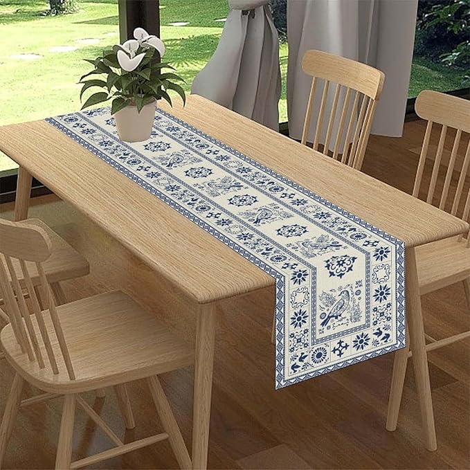 Mexican Table Runner, Blue Floral Birds Mexico Talavera Tiles Ceramic Dia De Los Muertos Coffee Table Center Decor for Family Kitchen and Dining Farmhouse Indoor Outdoor Table Decorations, 13"x72"