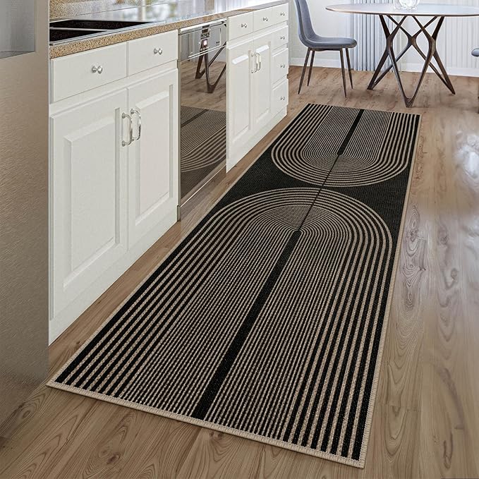 Easy Jute Rainbow Runner Rug, 2.6x8 Black Washable Rugs Runner for Hallway Non-Slip Boho Farmhouse Kitchen Runner Rug, Modern Abstract Indoor Outdoor Carpet for Porch Laundry Entryway