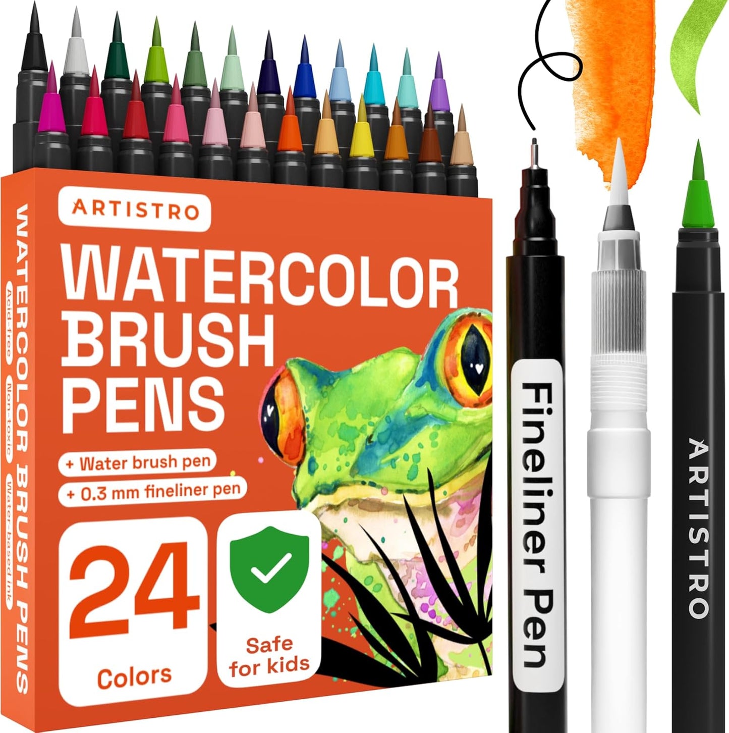 ARTISTRO 24 Watercolor Markers with Flexible Paint Brush Pens for Pros & Beginners - Consistent, Smooth, Bright, Washable, Non-Toxic, Ideal for Coloring, Calligraphy, & Manga