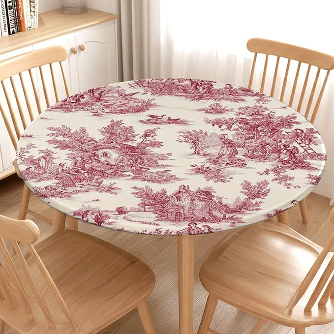 French Country Round Fitted Tablecloth with Elastic Vintage Red Circle Table Cloth for 40-44" Round Tables Wipeable Waterproof Rustic Burgundy Pink Village Table Cover for Dining Patio Picnic Decor