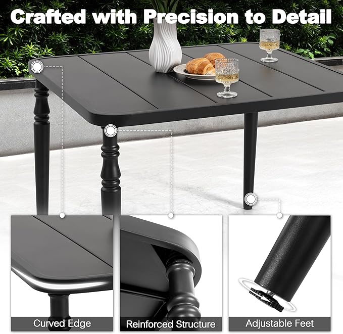 NUU GARDEN Outdoor 37” Dining Table, Square Metal Dining Table with Umbrella Hole, Patio Dining Table with Powder-Coated Frame and Slatted Tabletop, for Garden, Backyard and Balcony, Black