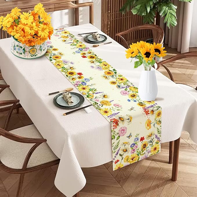 Tulip Lavender Spring Table Runner, Summer Seasonal Holiday Anniversary Kitchen Table Decorations, Indoor Outdoor Home Party Decor (Colorful Sunflowers, 13×72 Inches)