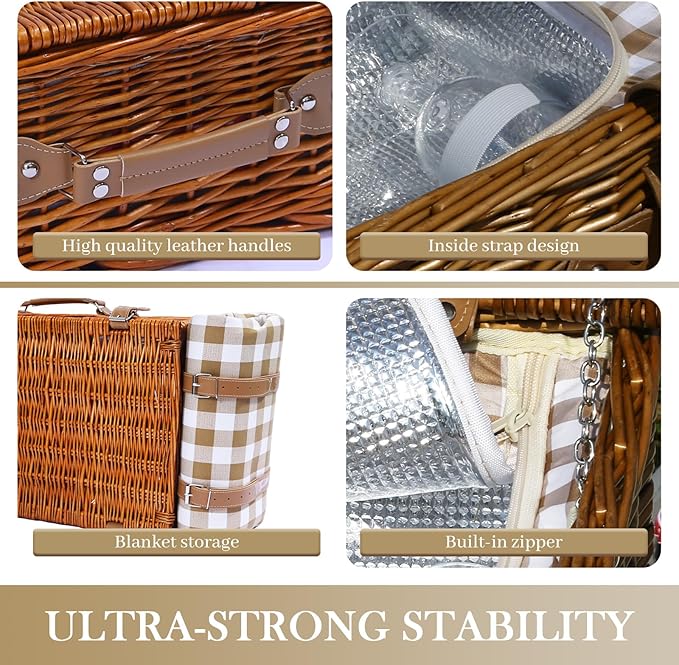 Neti Neti Wicker Picnic Basket for 4 with Insulated Cooler & Waterproof Blanket – Large Willow Picnic Hamper for Outdoor, Camping, Beach, Romantic Dates, Valentine’s Day