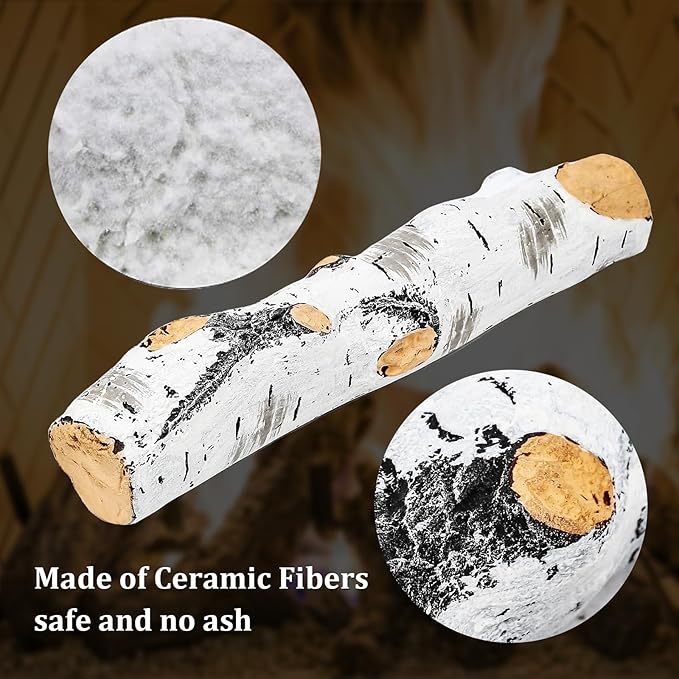Gas Fireplace Logs, Birch Logs 7pcs Fake Fireplace Insert, Faux Ceramic White Birch Wood Firepit Firebowl Indoor or Outdoor Decor