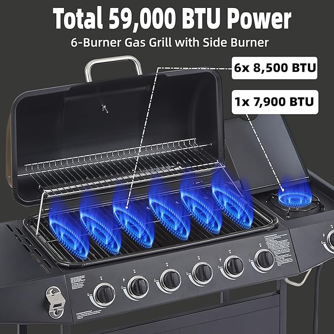 Propane Gas BBQ Grill with 6-Burner and Side Burner 59000 BTU Stainless Steel Barbecue Grill with Porcelain-Enameled Cast Iron Grates,Side Shelves and Wheels Portable Outdoor Grill for Pation,Backyard