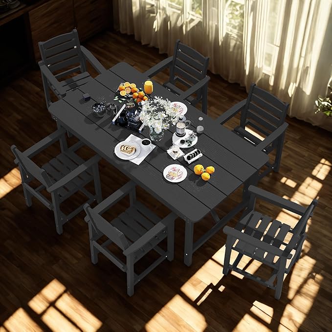 7 Piece Patio Dining Set with 11ft Patio Umbrella (Apple Green), 7 Black Outdoor HDPE Dining Set with 6 Chairs + 1 Large Table, for Market, Pool, Garden, Backyard, Deck