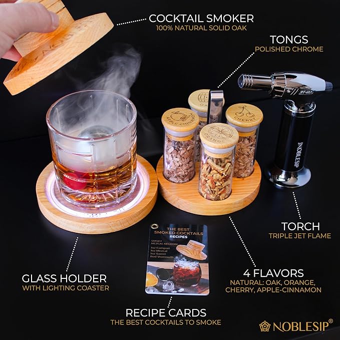 Cocktail Smoker Kit with Bar Stand Smoky Pro with Torch and Selected Wood Chips. All You Need in 1 Set to Smoke Your Whiskey, Bourbon, Scotch, Old Fashioned. A Great Home bar ChristmasGift