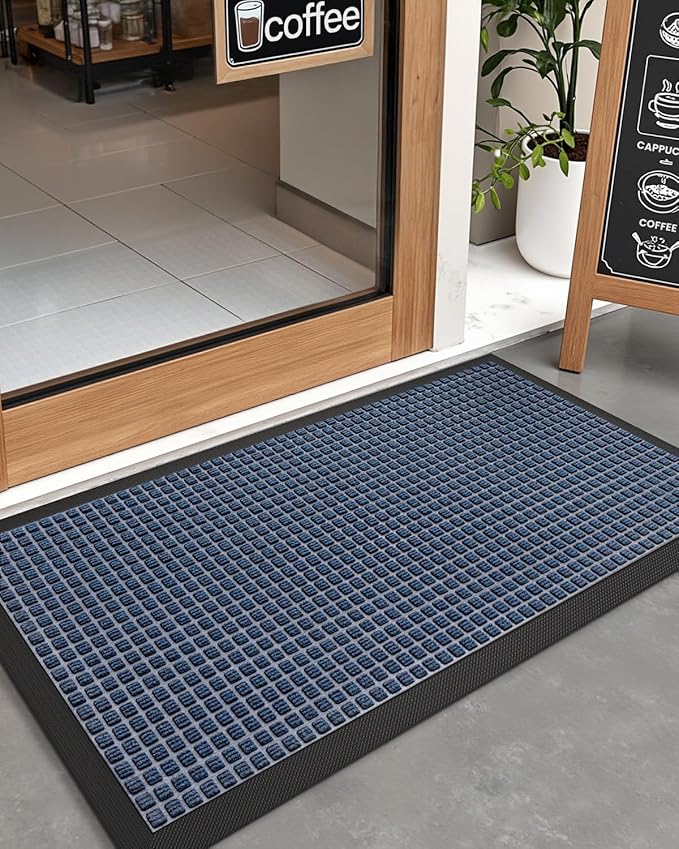 DEXI Front Door Mat Outside Entrance, 2x4 ft Rubber Entry Doormat Heavy Duty, Welcome Mats Non Slip for Inside House Floor Entryway Double Doors Exterior Patio, Squares Blue