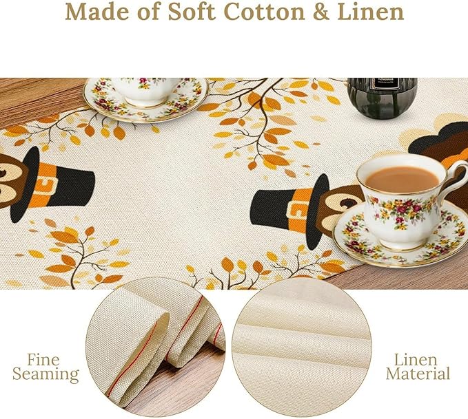 Thanksgiving Turkey Table Runner, Cartoon Turkey Autumn Branch Yellow Leaves Fall Harvest Kitchen Dining Table Decoration for Indoor Outdoor Farmhouse Home Party Decor, 13x108inch