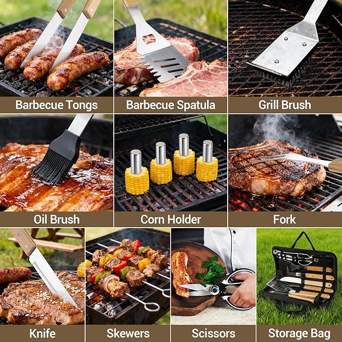 18pcs Wooden Grill Tool Set, BBQ Accessories Heavy Duty Stainless Steel Grill Utensils Set with Carry Bag Spatula, Fork, Tongs & Cleaning Brush and More Grilling Gifts for Christmas Men, Father’s Day