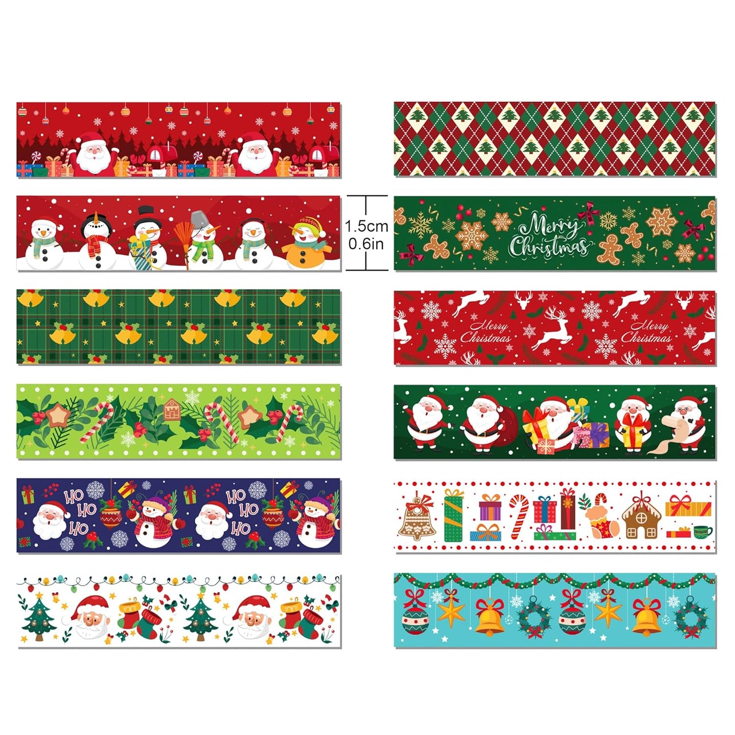 12 Pcs Christmas Washi Tape Merry Christmas Print Masking Tape Christmas Tree Snowman Santa Claus Pattern Decorative Paper Sticker for Christmas Party Holiday Scrapbook Handbook Sticker
