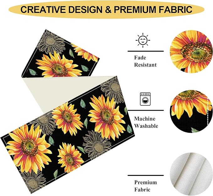 Black Yellow Floral Table Runner, Watercolor Sunflowers Vase Spring Sunshine Summer Farmhouse Rustic Table Center Decor for Home Kitchen Dining Patio Indoor Outdoor Table Decorations, 13"x90" Inch