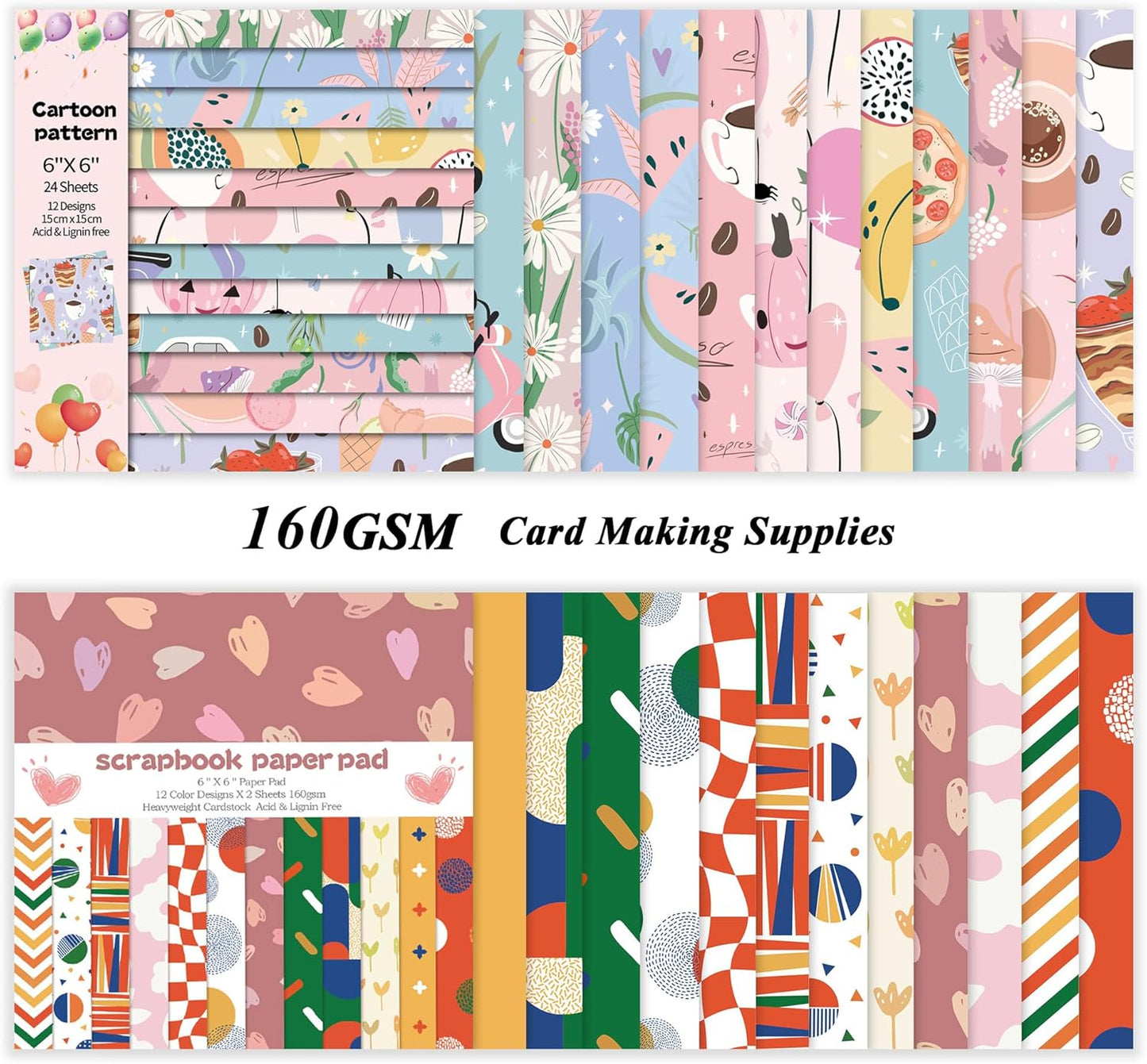 48 Sheets 24 Designs Scrapbook Paper Pad, 6"×6" Single-Sided Decopodge Craft Cardstock Paper,Scrapbooking DIY Decorative Background Cardmaking Supplies.Sweet Love&Cartoon