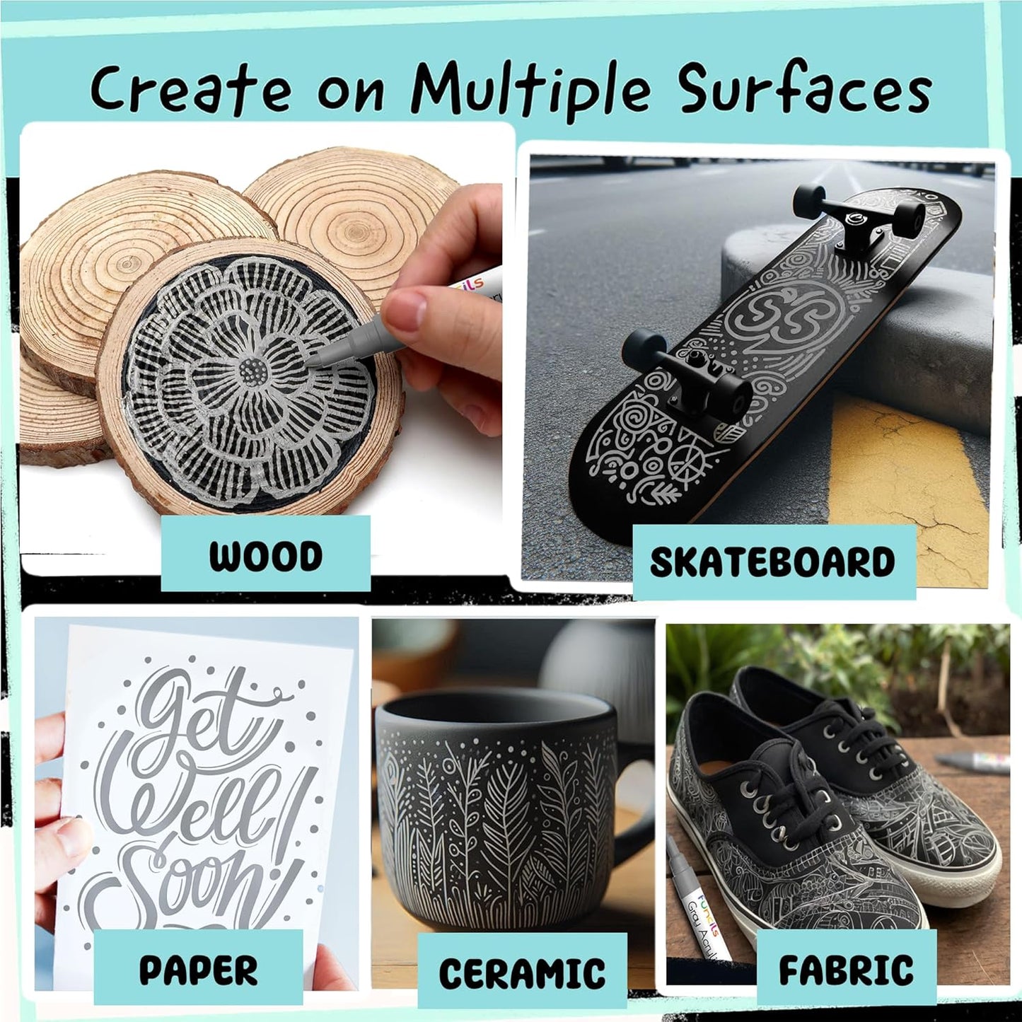 4 Dual Tip Gray Paint Pen Metallic - Fine Tip & Medium Acrylic Paint Markers - Gray Marker for Metal, Wood, Rock Painting, Canvas, Ceramic, Glass, Fabric, Leaf and Plastic - Water-based Ink