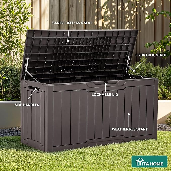 YITAHOME 100 Gallon Outdoor Storage Box, Large Water Resistant Resin Deck Box, Indoor Outdoor Lockable Storage Container for Patio, Garden, Cushions, Tools, Equipment (Dark Brown)