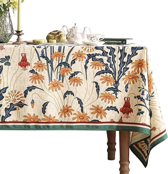 French Vintage Square Tablecloth,Linen Tablecloth with Gold and Red Floral Pattern,Decorative Table Cover for Kitchen,Dining,Thanksgiving,Tea Party,Living Room,67" × 67"-Tijuana