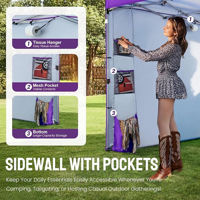 CROWN SHADES Canopy Tent 10x10 Pop Up Canopy Outdoor Shade with Pockets Sidewall, Easy Up Sun Shelter with One Person Set Up Center Lock, Portable Instant Camping Beach Canopy Tents, Purple