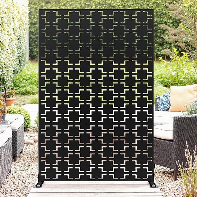 GarveeLife Metal Privacy Screen 72" h x 47" w, Outdoor Privacy Screens and Panels, Freestanding Decorative Fence for Patio Lawn Garden Deck Balcony, 3-Panel with Stand for Outdoor & Indoor Use