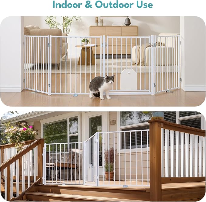 No Pawblems Free Standing Dog Gate with Cat Door, 30'' Tall Foldable Dog Fence for Indoor & Outdoor, Up to 156 Inch Extra Wide Puppy Gate for Stairs, Hallways, Doorways, Deck, Yard (White, 6 Panels)