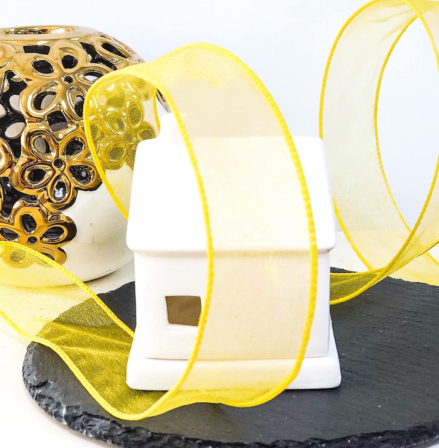 CT CRAFT LLC Sheer Organza Wired Ribbon 1.5" x 50Yards Yellow for Wedding Chair Bow Flora Bouquet Gift Wrapping Christmas Tree Home Decor Wreath