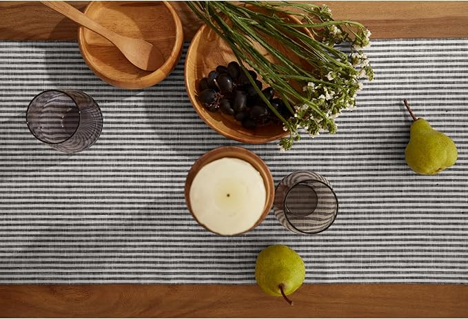 Solino Home Linen Table Runner 120 Inches Long - Narrow Stripe, 100% Pure Linen Black and White Table Runner 14 x 120 Inch for Dining, Winter, Spring, Easter