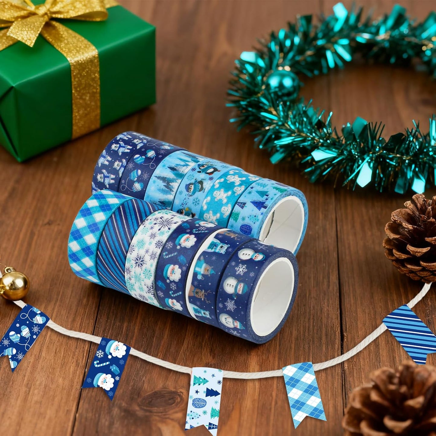 12 Rolls Winter Washi Tape Set Blue White Snowflake Snowman Holiday Masking Tape Xmas Tree Reindeer Penguin Holiday Decorative Tapes for Scrapbook Journal DIY Craft Gift Wrapping Party Decor 16.4FT