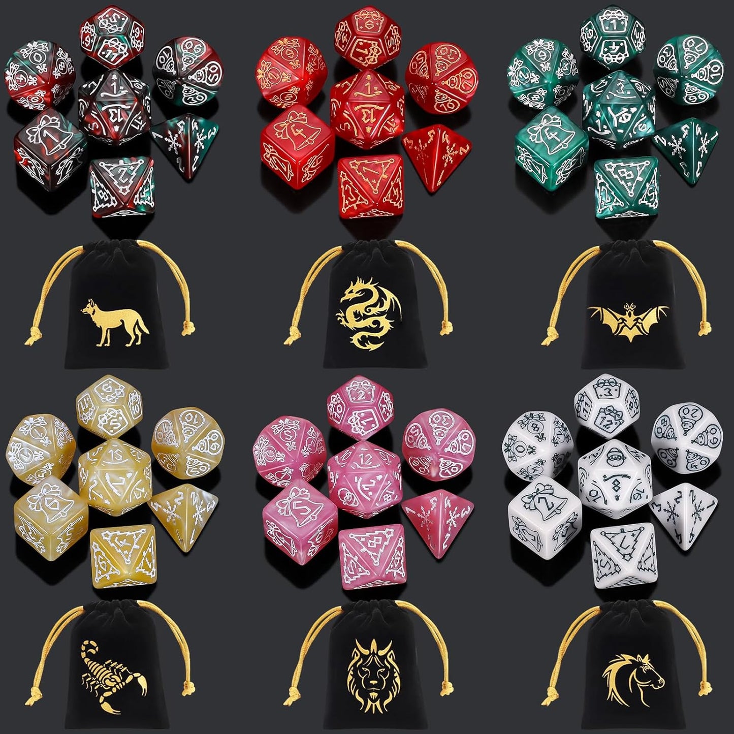 CiaraQ Polyhedral Dice Set, 6 Colors with 6 Decorative Pouches, 7 Pieces per Set, Fantasy RPG Gaming Dice/DND Dice/Role Playing Dice, Christmas Themed