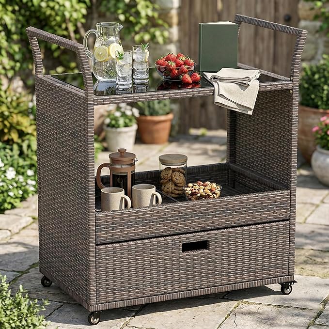 Outdoor Wicker Bar Cart with Drawer, PE Rattan Serving Trolley with Glass Top & Wheels, Mobile Beverage Station for Patio Garden Backyard Poolside, Brown