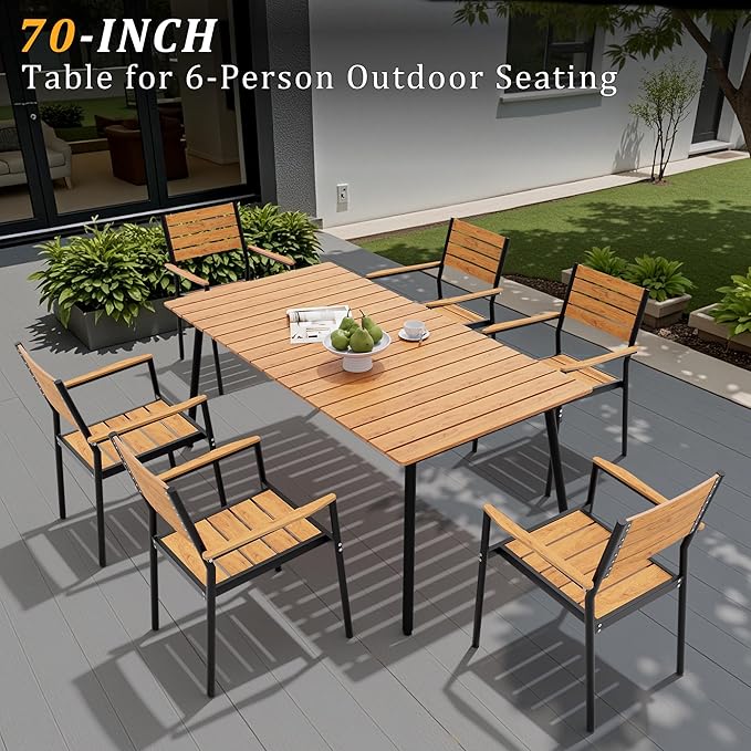70" Patio Outdoor Dining Table for 4-6, Weather-Resistant Wood-Grain Top with Aluminum Frame & Umbrella Hole for Deck Gatherings, Brown