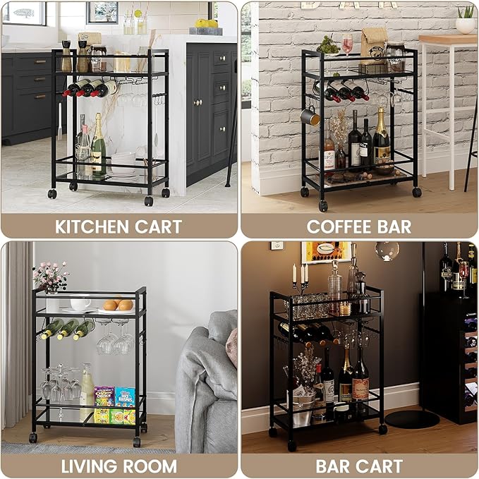 Bar Cart with Wine Rack, Serving Cart for Home, Microwave Cart, Drink Cart, Mobile Kitchen Shelf with Glass Holder, Rolling Beverage Cart for Dining Room (Black)