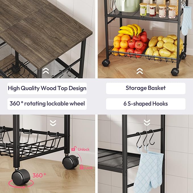 SWTYMIKI Rolling Kitchen Microwave Cart - 3 Tier Microwave Table Stand with Storage Basket and Hooks, Kitchen Utility Cart on Wheels, Coffee Cart Shelf Rack Organizer for Living Room Office, Balcony