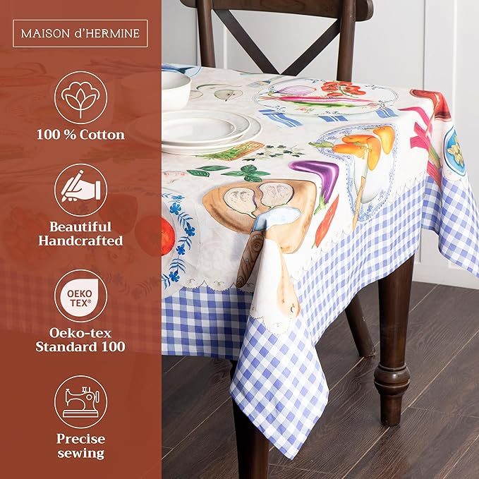 Maison d' Hermine Table Cloth Rectangle Table 100% Cotton 54 x 72 Inches Tablecloth Reusable Decorative Everyday Use for Dining Room, Farmhouse, Home, Party, Festive & Wedding Spring Summer - Gourmand