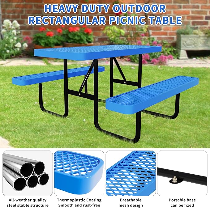 4FT Picnic Tables for Outdoors, Rectangular Commercial Metal Picnic Table Bench Set with Umbrella Hole,Heavy Duty Steel Weather-Resistant Dining Table for Patio Dining Garden Backyard BBQ School