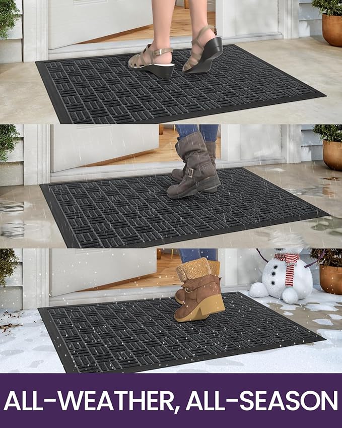 DEXI Front Door Mat Outside Entrance, 2x4 ft Rubber Entry Doormat Heavy Duty, Welcome Mats Non Slip for Inside House Floor Entryway Double Doors Exterior Patio, Maze Black