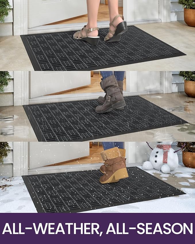 DEXI Front Door Mat Outside Entrance, Rubber Entry Doormat Heavy Duty, Welcome Mats Non Slip for Inside House Floor Entryway Back Doors Exterior Patio, 17x29, Maze Black