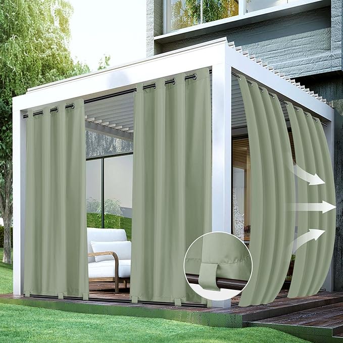HolidayIdeas Outdoor Curtains for Patio Waterproof-4 Panels 54x84 Inch Windproof Weatherproof Privacy Sage Green Curtains-Grommet Top and Tab Bottom Drape for Gazebo, Porch, Pergola, Cabana, Backyard