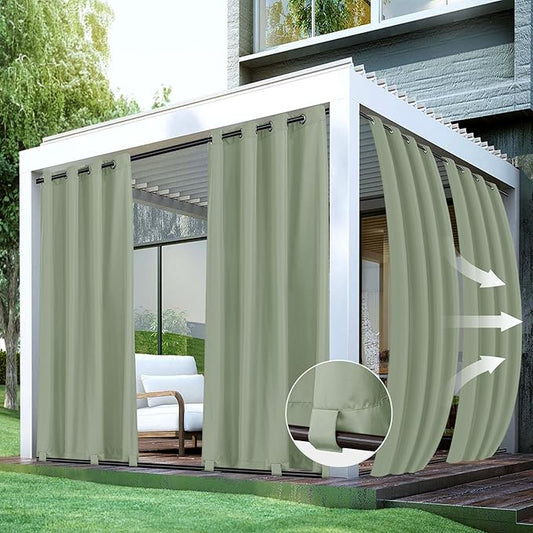 HolidayIdeas Outdoor Curtains for Patio Waterproof-4 Panels 54x84 Inch Windproof Weatherproof Privacy Sage Green Curtains-Grommet Top and Tab Bottom Drape for Gazebo, Porch, Pergola, Cabana, Backyard